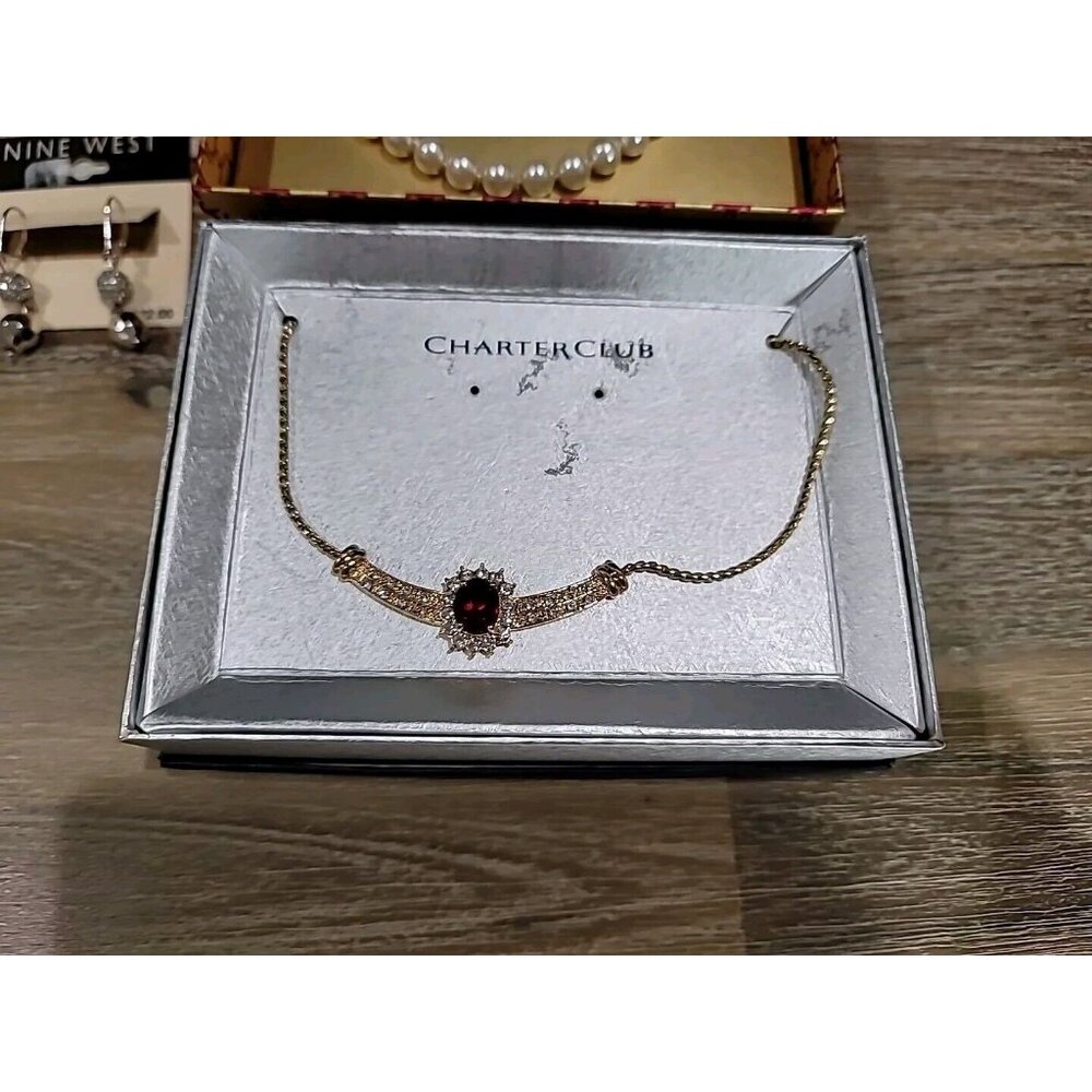 Charter Club & Nine West 2 Necklaces Ruby Pearl & 2 Earrings Pearl Crystal New - Picture 4 of 13
